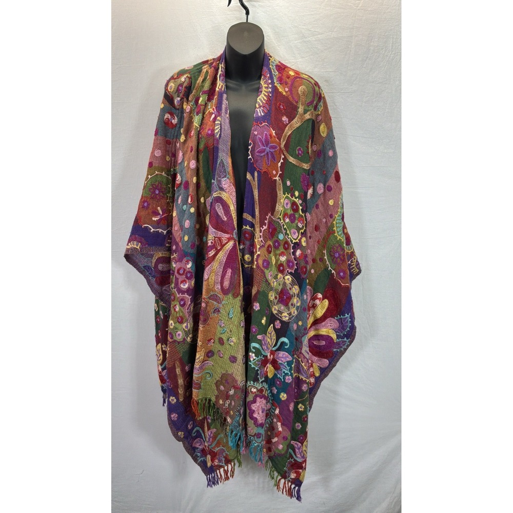 Anu Ariana 100% Wool Red Embroidered Floral Poncho Cape Shawl One Size Boho